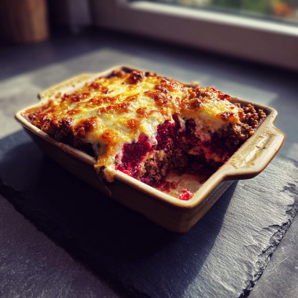 Rinderhackfleisch-Rote-Bete-Gratin mit Ziegenkäse