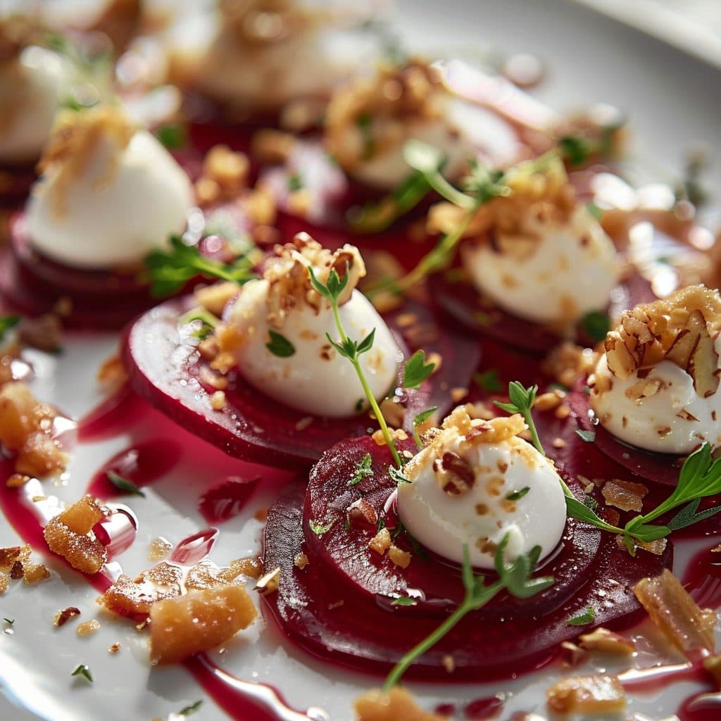 Rote Bete Carpaccio mit Ziegenkäse-Creme und Walnusskrokant