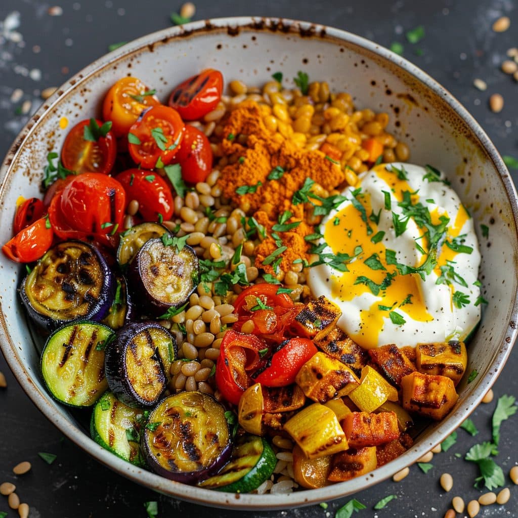 Safran Iftar Gersten-Bowl mit gebratenem Gemüse und Harissa-Joghurt
