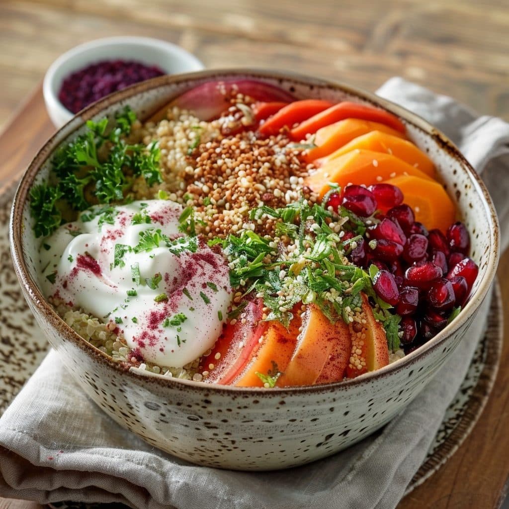 Safran Iftar Quinoa-Bowl mit geröstetem Gemüse und Minz-Joghurt