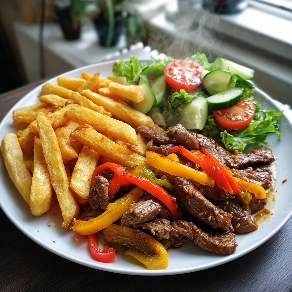 Sizzling Steak & Peppers mit goldenen Pommes und frischem Salat