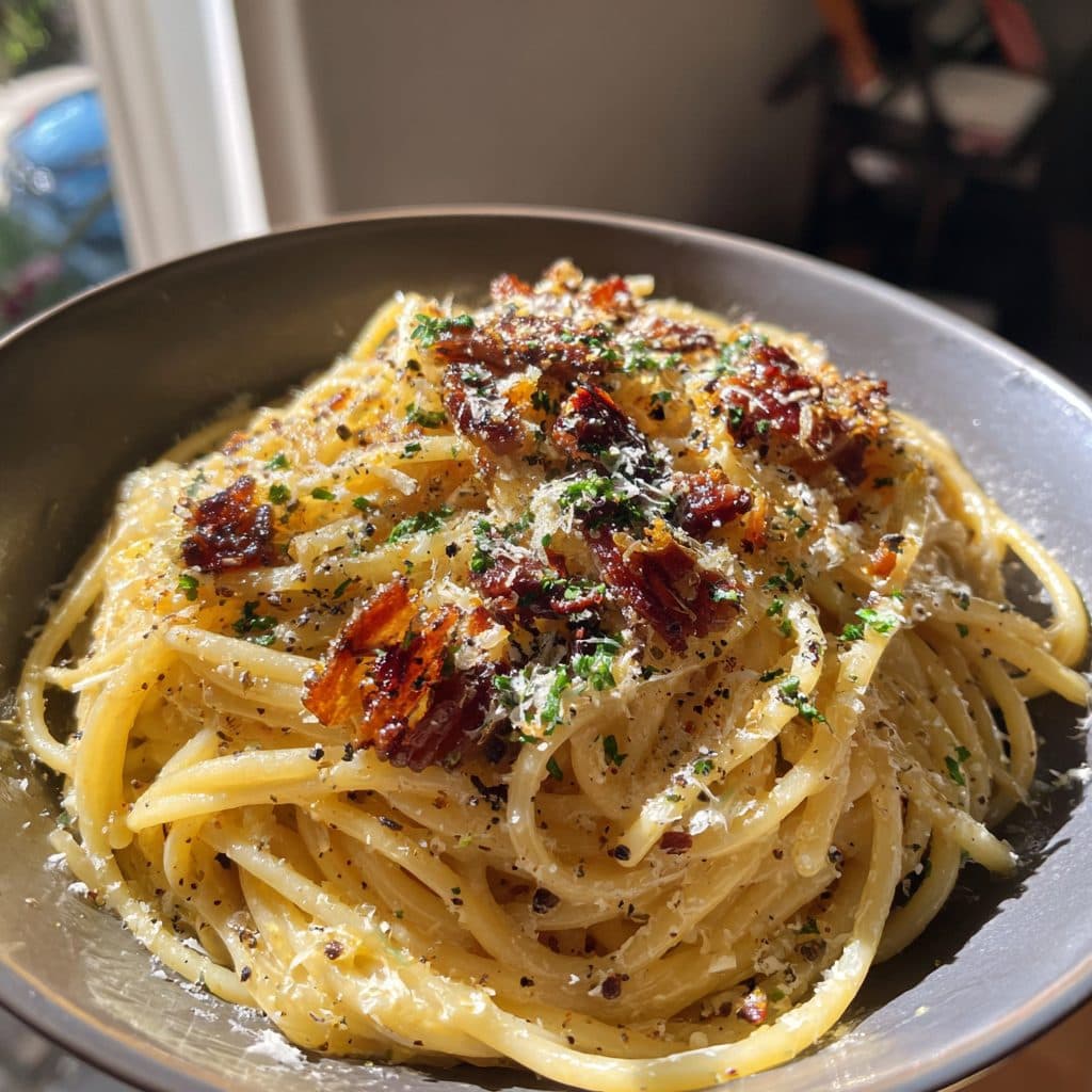 Spaghetti Carbonara mit Geräuchertem Rinderbrustfleisch