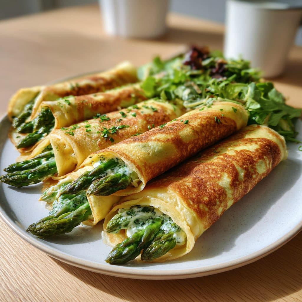 Spargel-Crêpes mit Kräuterquarkfüllung