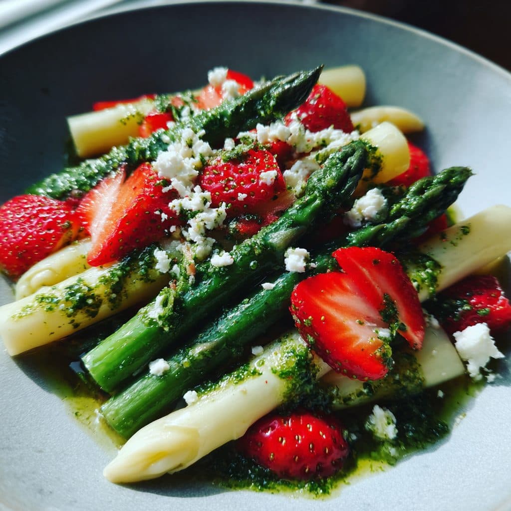 Spargel-Erdbeer-Salat mit Bärlauchpesto und Feta