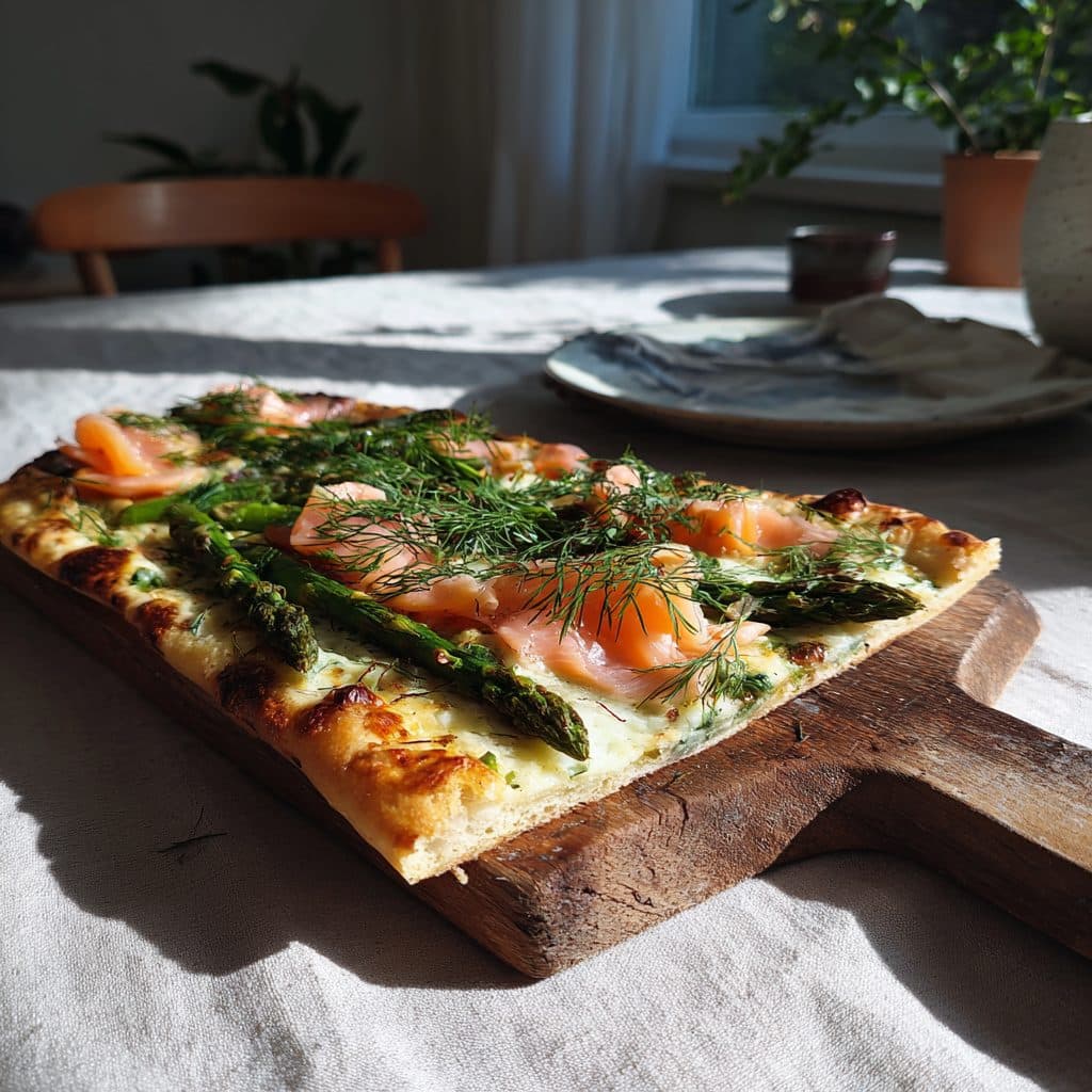 Spargel-Flammkuchen mit Räucherlachs und frischem Dill