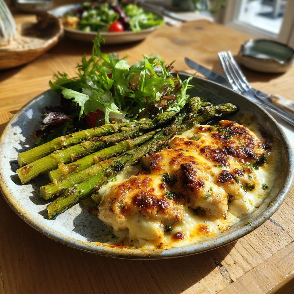 Spargel-Gratin mit Hähnchen und Käse