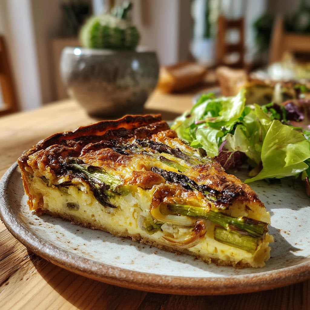 Spargel-Quiche mit karamellisierten Zwiebeln und Ziegenkäse