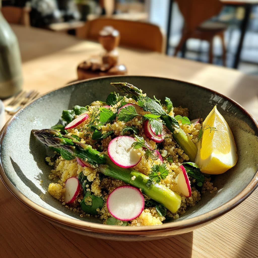 Spargel-Quinoa-Salat mit Zitronendressing und gerösteten Mandeln