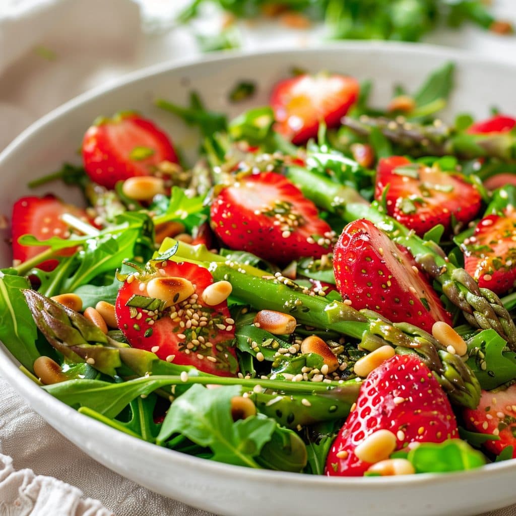 Spargelsalat mit Erdbeeren, Rucola und Balsamico-Dressing