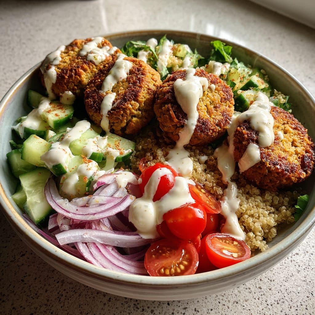 Vegane Falafel-Wrap-Bowl mit Tahini-Dressing und Quinoa