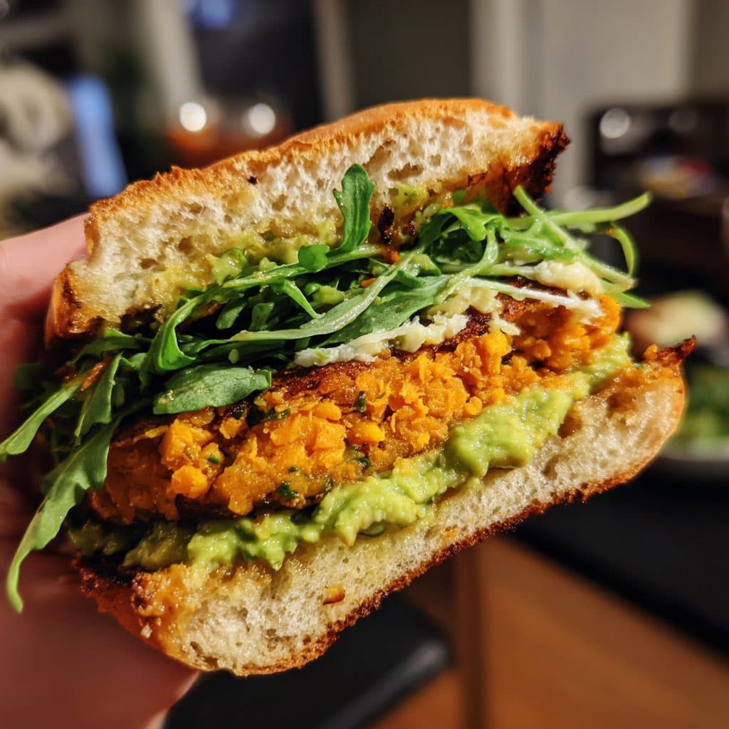 Veganer Süßkartoffel-Burger mit Avocado-Creme