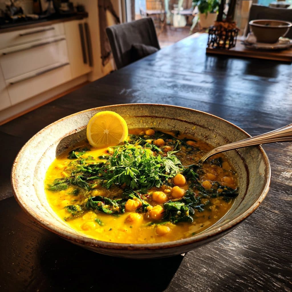 Würzige Gelbe Linsensuppe mit Kichererbsen und frischem Spinat