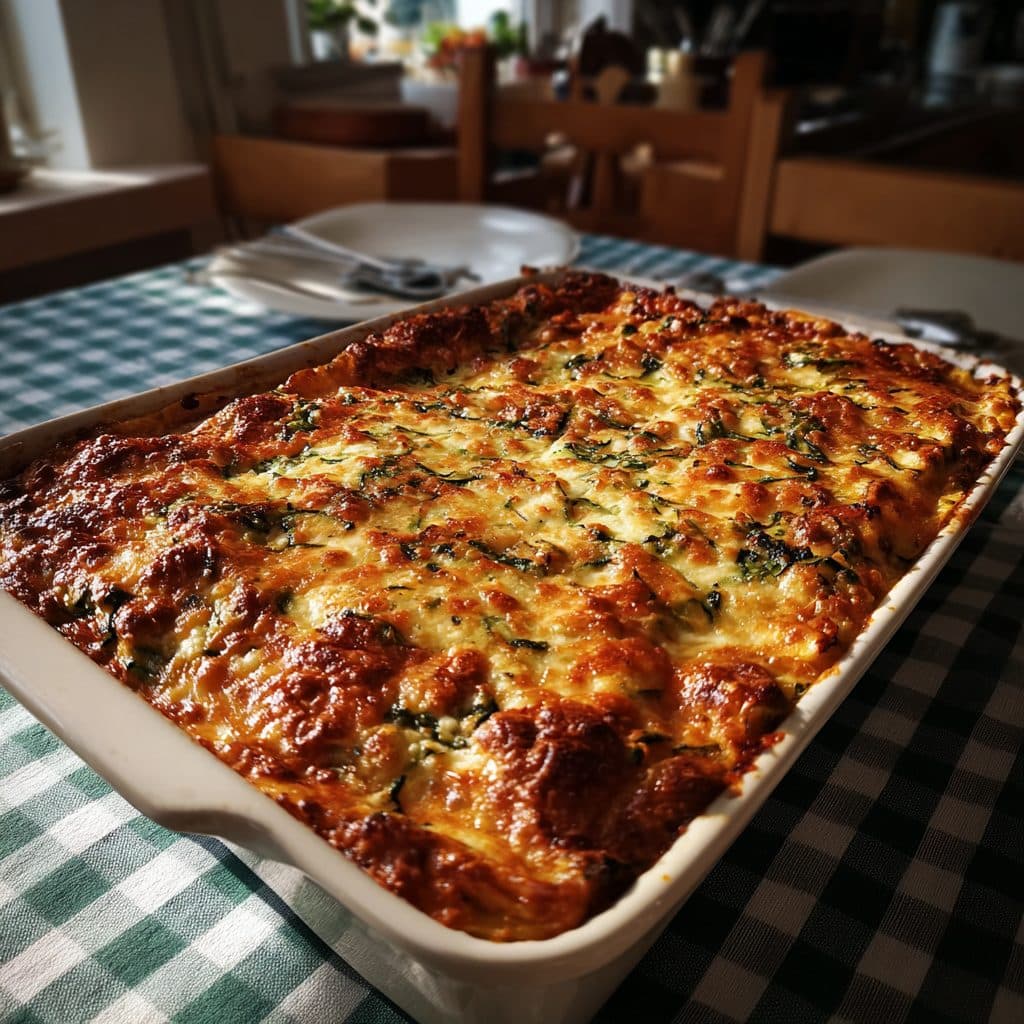 Zucchini-Hackfleisch-Lasagne mit Mozzarella und frischem Spinat