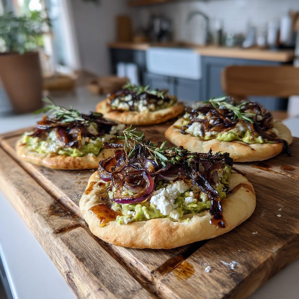 Griechische Pitas mit Feta-Avocado-Aufstrich und karamellisierten Balsamico-Zwiebeln