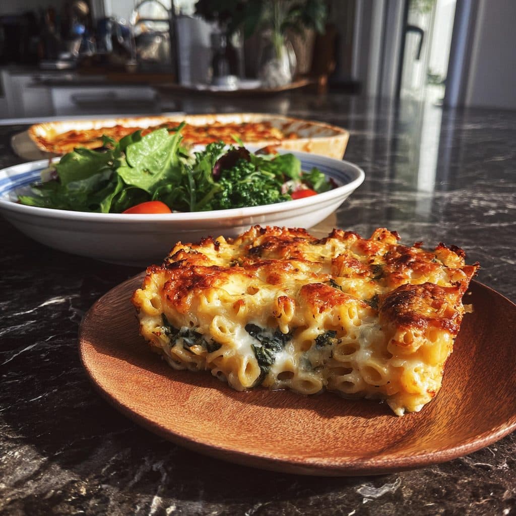 Griechischer Kritharaki-Auflauf mit Hähnchen, Spinat und Feta in Tomaten-Sahnesauce