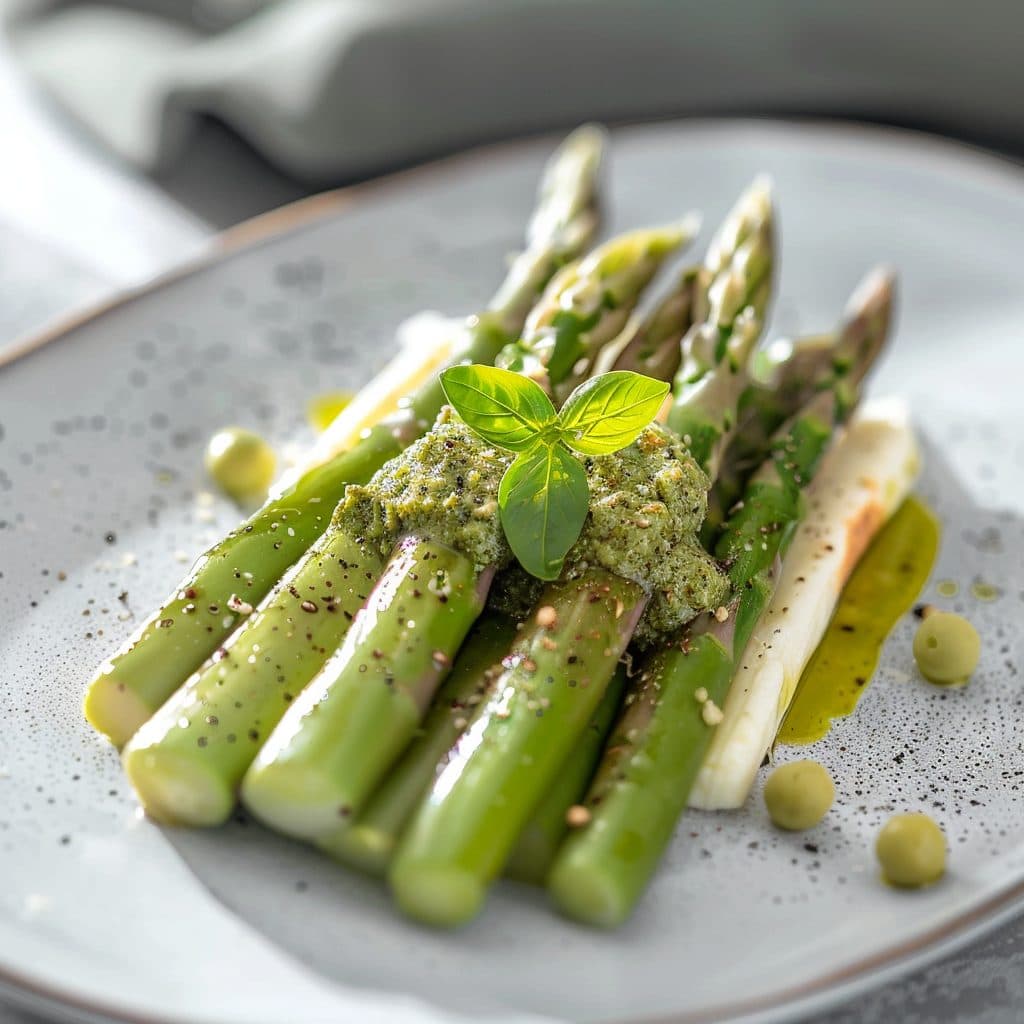 Grüner Spargel mit Bärlauch-Pesto, gerösteten Pinienkernen und Ziegenfrischkäse-Creme