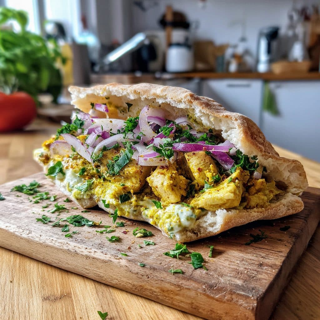 Hähnchen-Pita-Tasche mit Kurkuma-Hähnchen, Avocado-Feta-Creme und roten Zwiebeln