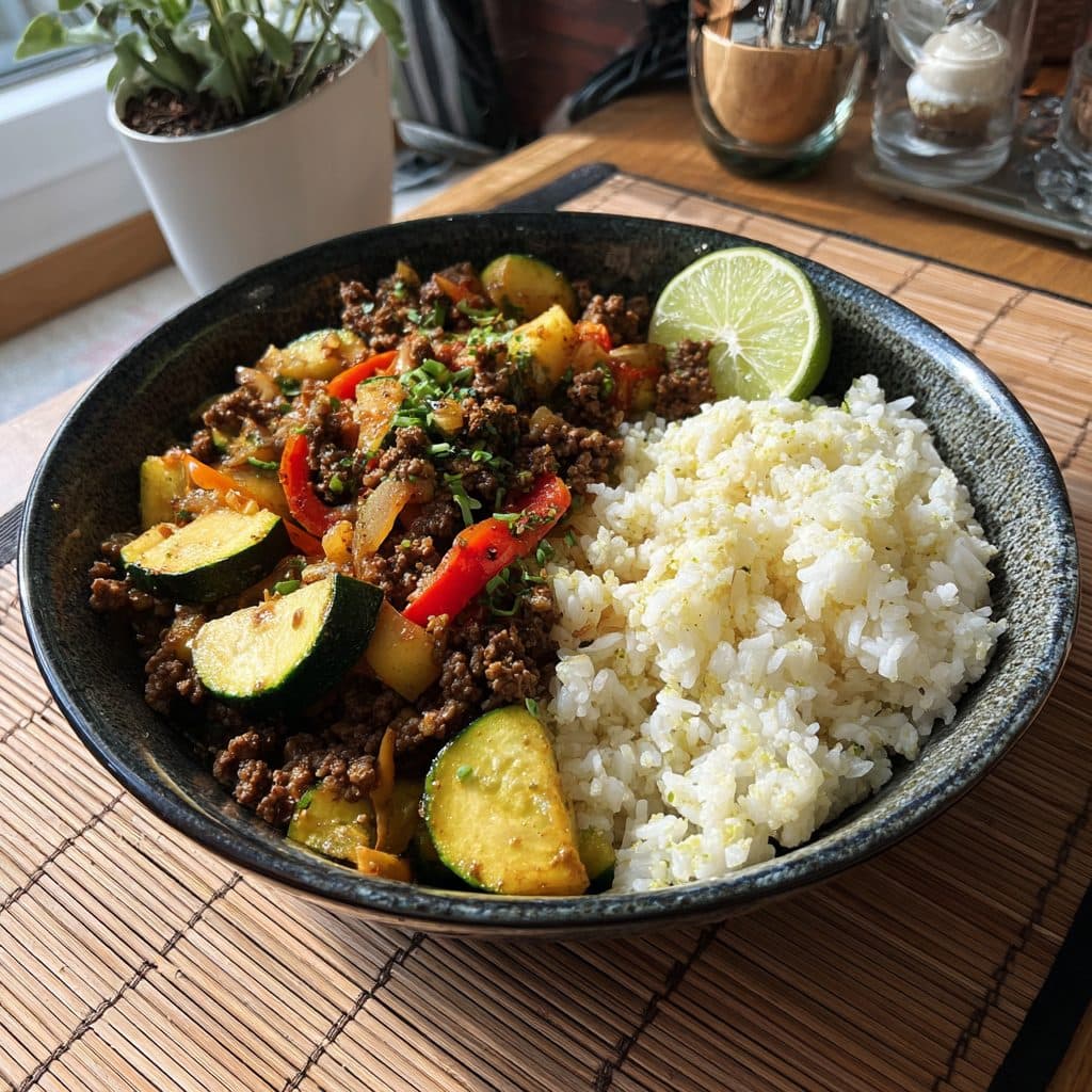Koreanische Low-Carb Rinderhackfleisch-Zucchini-Pfanne mit Blumenkohlreis und Erdnuss-Limetten-Dressing