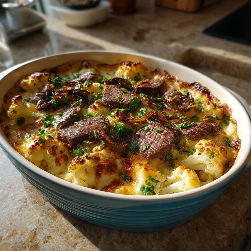Low-Carb Blumenkohl-Käse-Gratin mit Rinderfiletstreifen und Balsamico-Zwiebeln