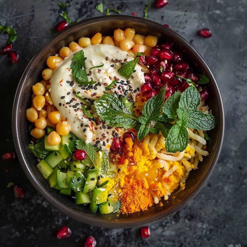 Safran Iftar Reis-Bowl mit Kichererbsen, geröstetem Blumenkohl und Tahini-Dressing