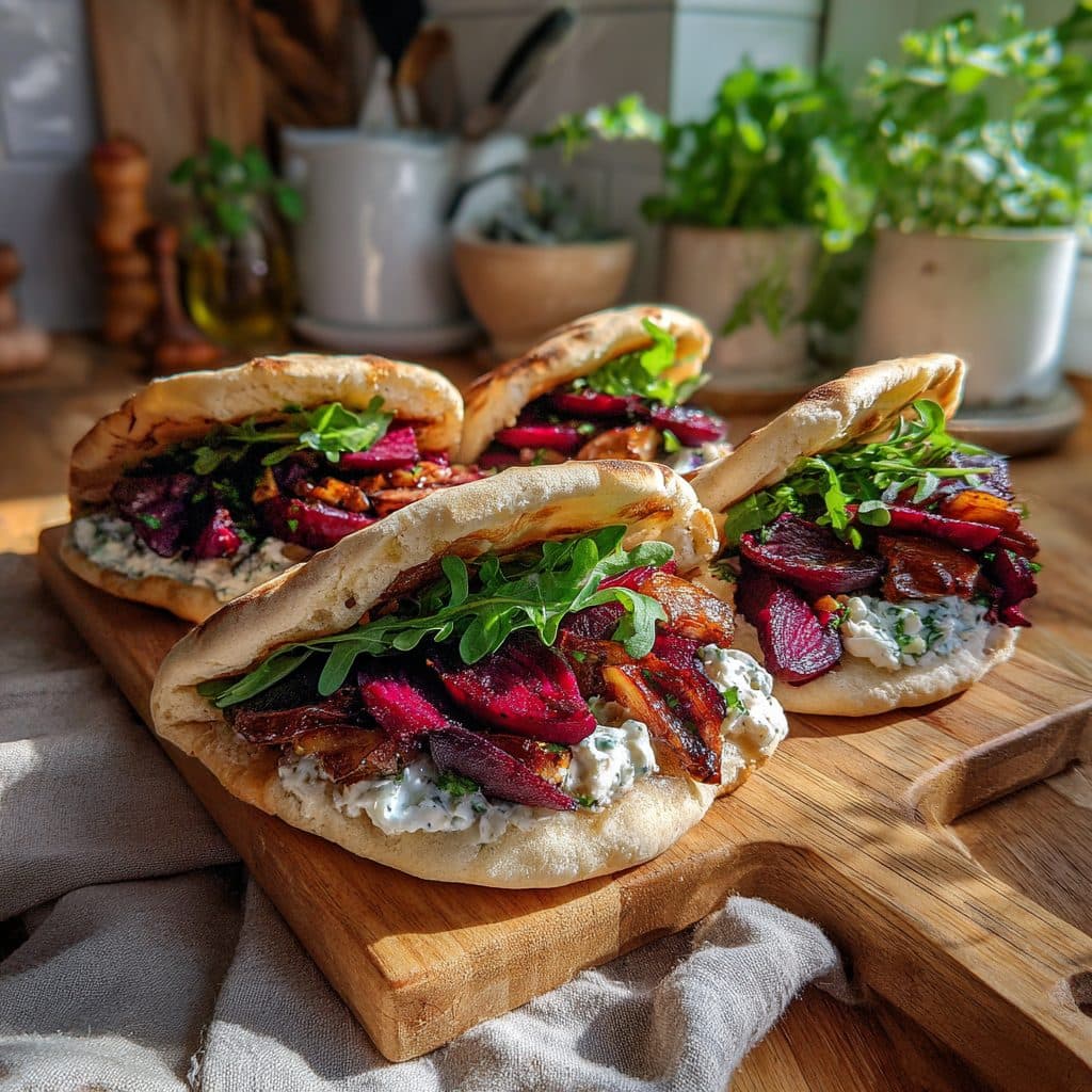 Vegetarische Rote Bete-Ziegenkäse-Pitas mit Balsamico-Zwiebeln und Kräuter-Quark-Aufstrich