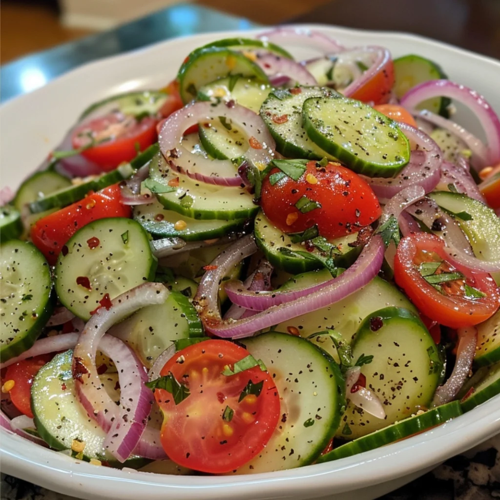 Gurken-Zwiebel- und Tomatensalat