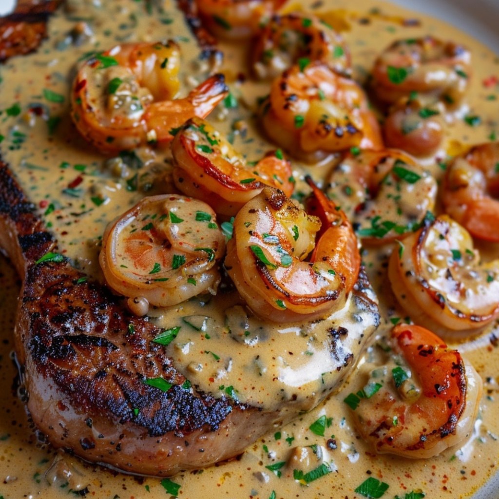 Steak in Cajun-Garnelensauce