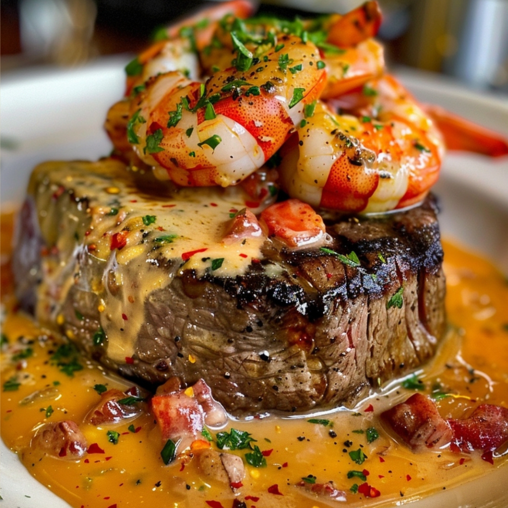 Steak mit Garnelen und Hummersauce