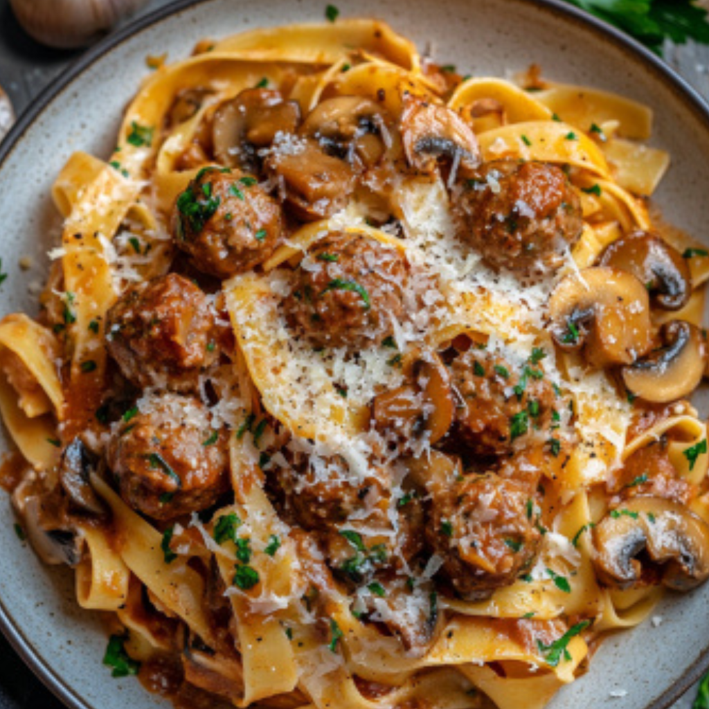 Tagliatelle mit Pilzsoße Hackbällchen