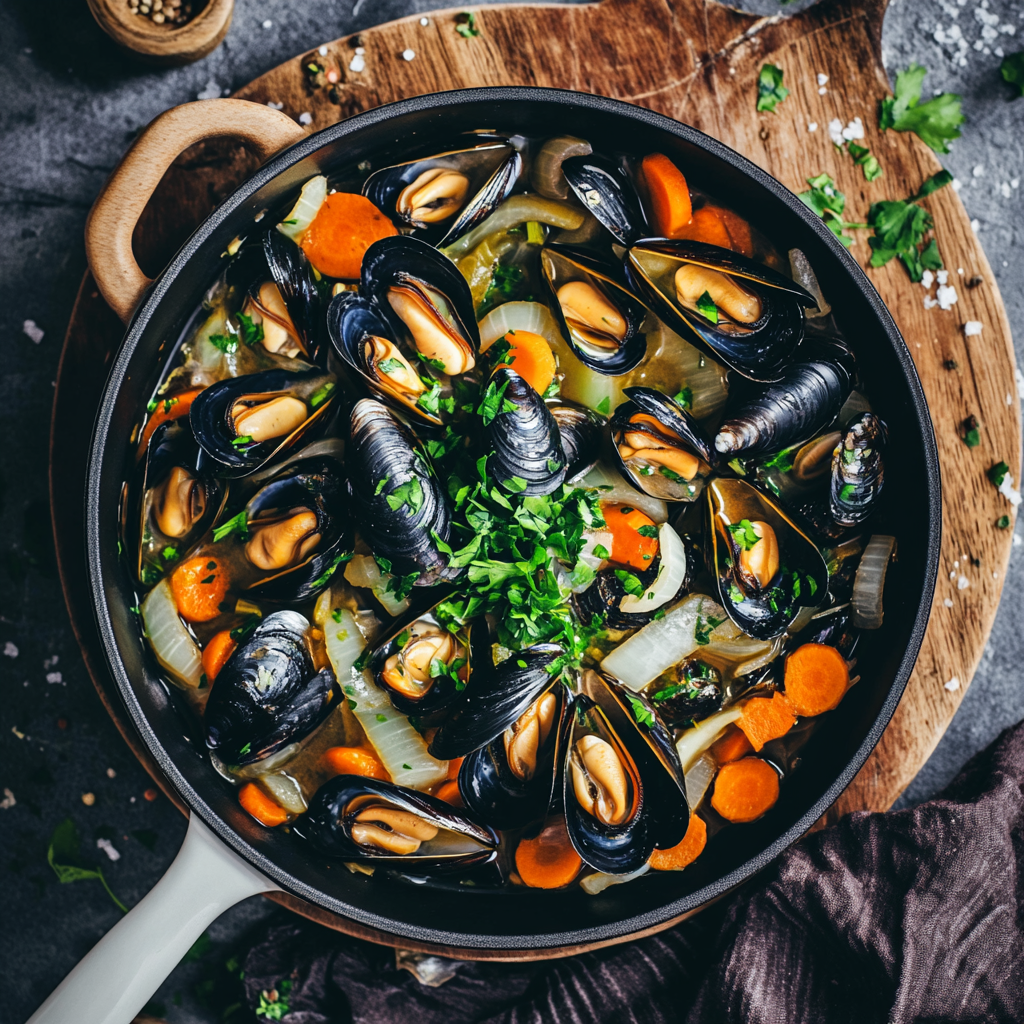 Frische Muscheln mit Gemüse und Petersilie in Fischbrühe