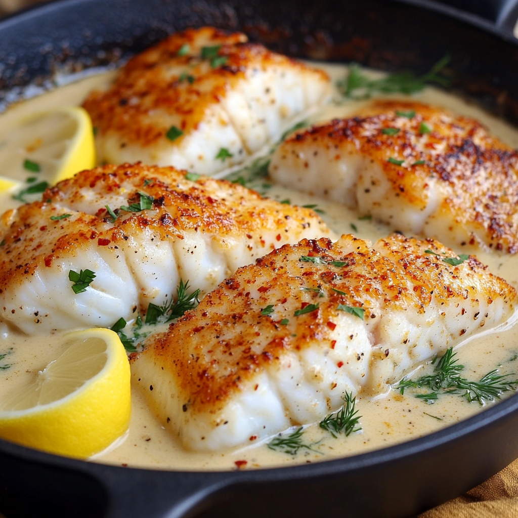 Zartes Kabeljaufilet in einer cremigen Senf-Sahnesauce